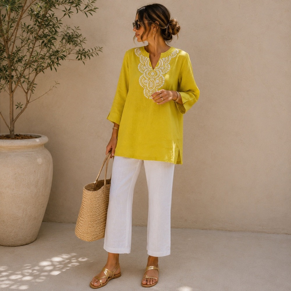 Charter Club Luxe Resortwear Yellow 3/4 Sleeve Beaded Linen Tunic Top Women's PM